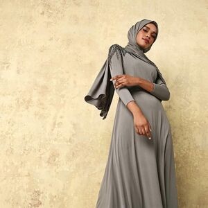 Inayah Elegant Pewter Gray Abaya Women's Eid Beaded Dress Gown